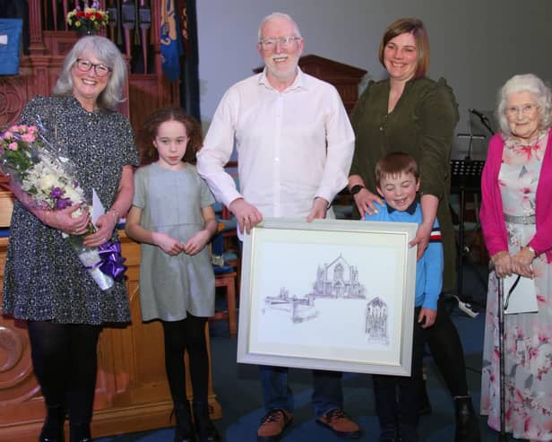 The couple were presented with gifts during the evening, pictured with Amy Scott, Sheila Stewart, Leah Ramsay and Ruaridh Scott. (Wallace Ferrier)
