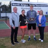 North Angus Tennis Tournament singles winners Patrick Young and Alicia Gates with their trophies handed out by tournament sponsors Doug and Sandra Cree of DC Lighting Services Ltd.