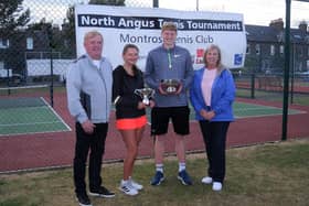 North Angus Tennis Tournament singles winners Patrick Young and Alicia Gates with their trophies handed out by tournament sponsors Doug and Sandra Cree of DC Lighting Services Ltd.