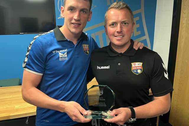 Montrose forward Martin Rennie made his 100th appearance for the club recently and is pictured receiving his trophy from director Peter Davidson.