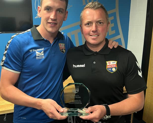 Montrose forward Martin Rennie made his 100th appearance for the club recently and is pictured receiving his trophy from director Peter Davidson.