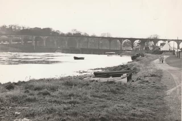 Pictured are the bridges over the South Esk at Montrose. At the left of the photograph is the A92 road connecting Arbroath with Montrose, but apart from the railway viaduct, everything else has gone, filled in during the building of the Sea Oil Base at Ferryden. Whatever one may think of the aesthetics, the present set-up has given unthought-of prosperity to the area.