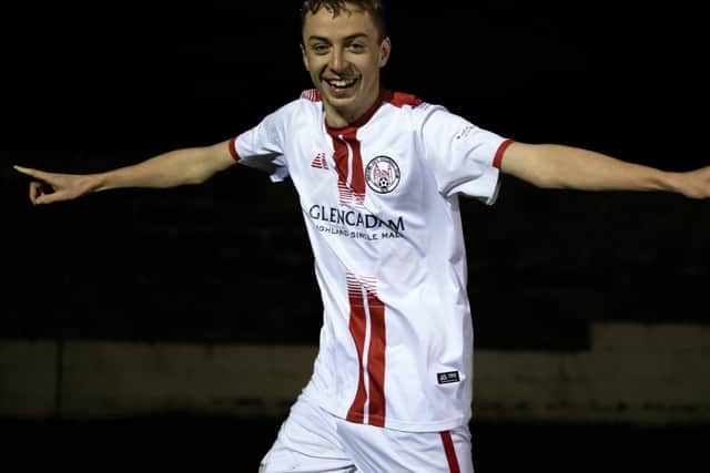 Fraser MacLeod celebrating scoring for Brechin City at Lossiemouth at the weekend (Pic: Graeme Youngson)