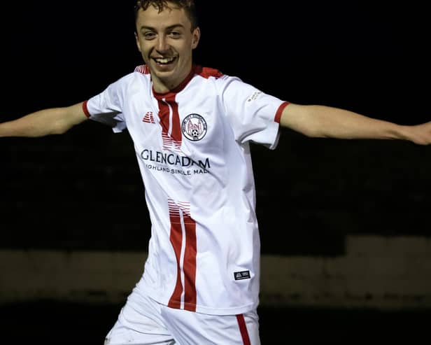 Fraser MacLeod celebrating scoring for Brechin City at Lossiemouth at the weekend (Pic: Graeme Youngson)