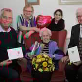Phyllis is pictured with daughter Patricia, granddaughter Jessica, Angus Provost Brian Boyd (left) and Dr Sandy McKendrick, Deputy Lieutenant of Angus. (Wallace Ferrier)