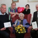 Phyllis is pictured with daughter Patricia, granddaughter Jessica, Angus Provost Brian Boyd (left) and Dr Sandy McKendrick, Deputy Lieutenant of Angus. (Wallace Ferrier)