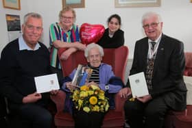Phyllis is pictured with daughter Patricia, granddaughter Jessica, Angus Provost Brian Boyd (left) and Dr Sandy McKendrick, Deputy Lieutenant of Angus. (Wallace Ferrier)