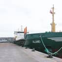 ​Chinese-built, Portuguese-flag Aland loaded logs at the North Quay, Montrose port.
