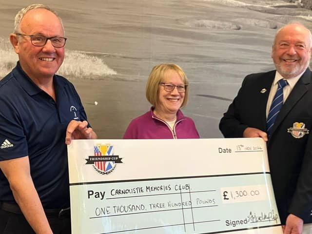 Carnoustie Memories founder Lorraine Young with treasurer Archie Leiper (l) and Friendship Cup Scotland chairman Rod Sturrock.