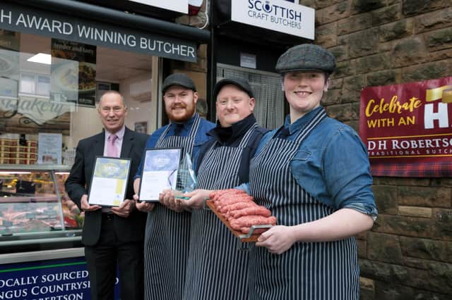 Arbroath butchers DH Robertson staff who have been named the Scottish Craft Butchers Beef Link Sausage Scottish Champion for 2022, from left, George Stuart from competition sponsors Lucas, Jason Cowan, Chris Livingstone and Ariane Bennett.
