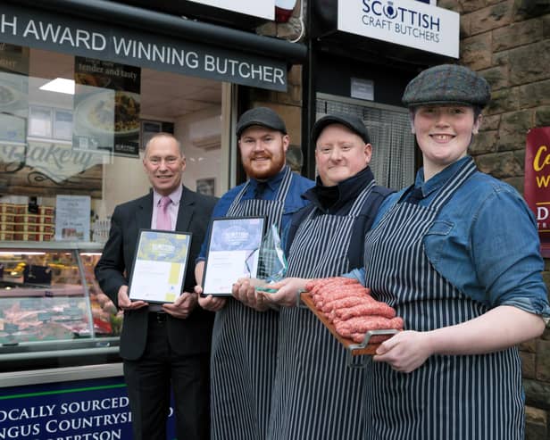 Arbroath butchers DH Robertson staff who have been named the Scottish Craft Butchers Beef Link Sausage Scottish Champion for 2022, from left, George Stuart from competition sponsors Lucas, Jason Cowan, Chris Livingstone and Ariane Bennett.