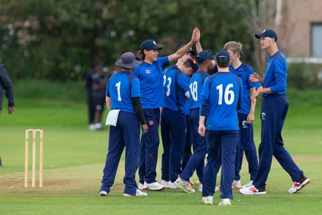 Scotland Men’s U19s celebrate a victory over Ace Academy last week as they warmed up for the World Cup qualifier (pic: Cricket Scotland)