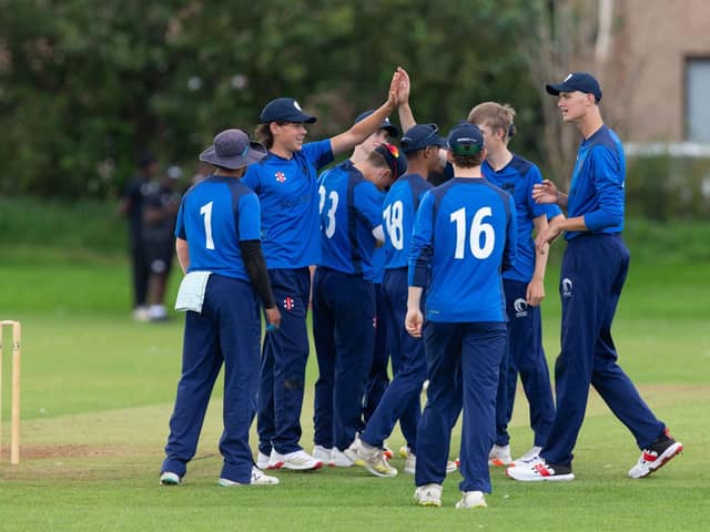 Scotland Men’s U19s celebrate a victory over Ace Academy last week as they warmed up for the World Cup qualifier (pic: Cricket Scotland)