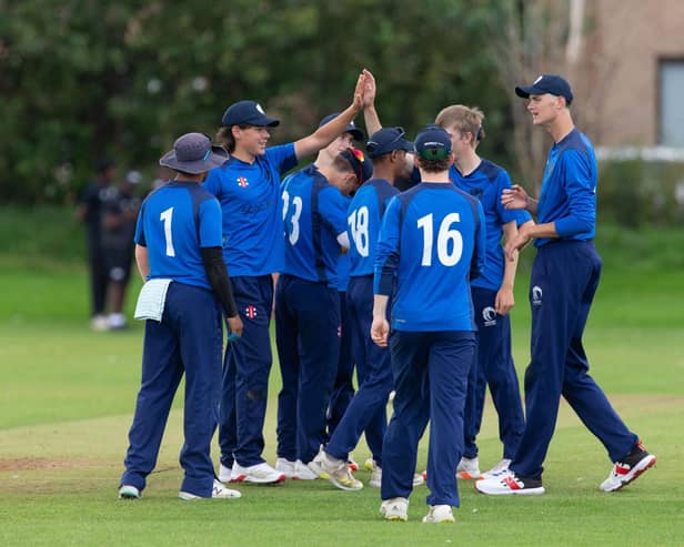 Scotland Men’s U19s celebrate a victory over Ace Academy last week as they warmed up for the World Cup qualifier (pic: Cricket Scotland)