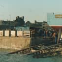 The fishing boat Rosebay, registered in Peterhead, about to hit the water at Gerrard Brothers' boatyard in Arbroath on an unrecorded date.