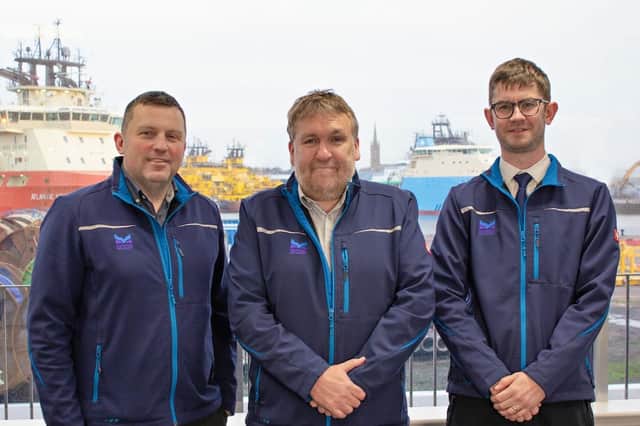 Ross Marshall, the new Harbour Master, Captain Tom Hutchison, the Chief Executive Officer of Montrose Port Authority, and Angus MacAulay, the new Deputy Harbour Master.