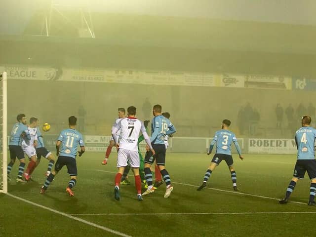 Forfar struggle to clear their lines as the Blues press. Pic by Bill McCandlish