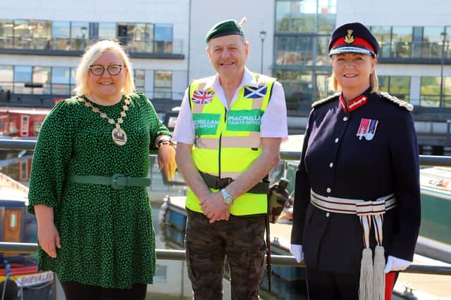 Bobby Campbell is pictured with East Dunbartonshire Provost Gillian Renwick and Lord-Lieutenant Jill Young.
