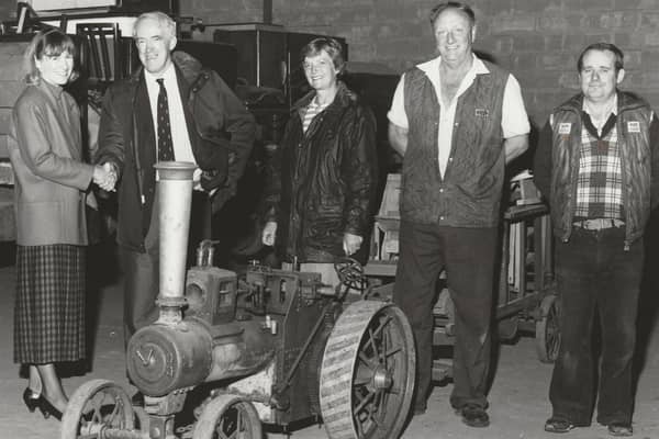 I​n August, 1990, a model steam traction engine, built by Andrew Hay, was presented to Angus Folk Museum for their collection at Glamis. The presentation took place at Westfield Farm by Chapelton. In the picture were, from left - Lady Maitland, Chair of the National Trust For Scotland's local advisory committee; Dr David Hay, Mrs Jennifer Hay, Jim Anderson, Leysmill Farm; and Alex Watt.