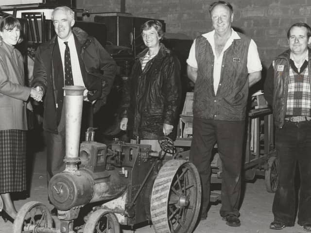 I​n August, 1990, a model steam traction engine, built by Andrew Hay, was presented to Angus Folk Museum for their collection at Glamis. The presentation took place at Westfield Farm by Chapelton. In the picture were, from left - Lady Maitland, Chair of the National Trust For Scotland's local advisory committee; Dr David Hay, Mrs Jennifer Hay, Jim Anderson, Leysmill Farm; and Alex Watt.