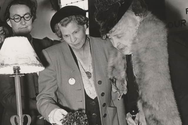 This undated picture shows the Dowager Countess of Airlie inspecting a model garden constructed by pupils of Monifieth High School. With her were, from left - Mrs Provost Ross and Miss Philip.