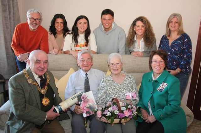 Harry and Margaret Gauld are pictured with family, Councillor Lois Speed, Provost Ronnie Proctor and Lord-Lieutenant Patricia Sawers. (Wallace Ferrier)