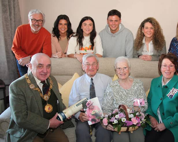 Harry and Margaret Gauld are pictured with family, Councillor Lois Speed, Provost Ronnie Proctor and Lord-Lieutenant Patricia Sawers. (Wallace Ferrier)