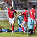 Brechin City’s Paul Watson and Cillian Sheridan celebrate their goals against Strathspey Thistle on Saturday. (Pics: Graeme Youngson)​