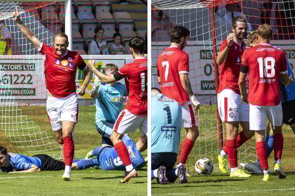 Brechin City’s Paul Watson and Cillian Sheridan celebrate their goals against Strathspey Thistle on Saturday. (Pics: Graeme Youngson)​