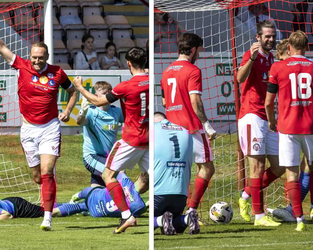 Brechin City’s Paul Watson and Cillian Sheridan celebrate their goals against Strathspey Thistle on Saturday. (Pics: Graeme Youngson)​