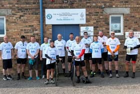 The cyclists gather outside Station Park (pic: Forfar Athletic)