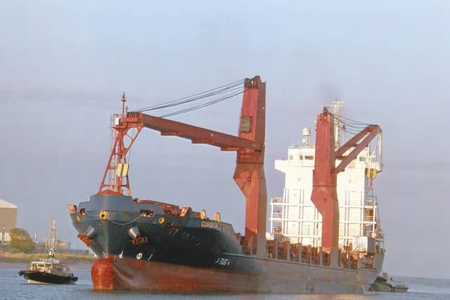The Chinese-built freighter comes alongside the South Quay, Montrose port.