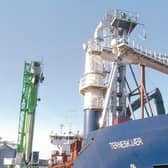 The Terneskjaer, with her unusual forward gear for the discharge of fish feed.
