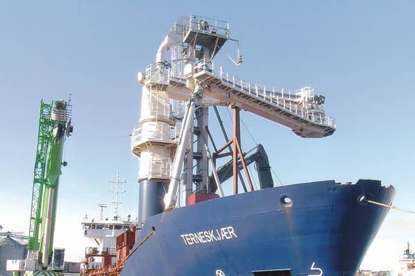 The Terneskjaer, with her unusual forward gear for the discharge of fish feed.