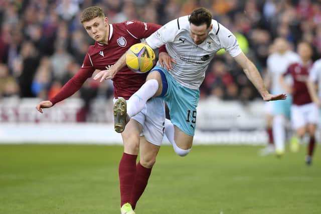 Jack Hamilton tussles with Kirk Broadfoot during the Scottish Premiership playoff semi final between Arbroath and Inverness at Gayfield. Pic by Dave Johnston