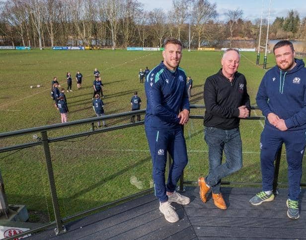 ​Matt and Zander Fagerson are pictured with Nick Welsh, Strathmore RFC’s business development manager.