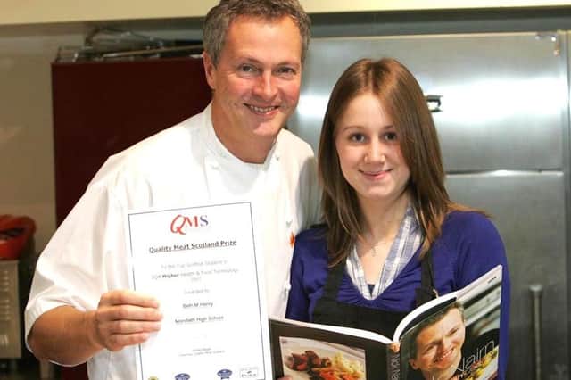 Beth Henry of Monifieth High School pictured in January, 2008, with Scottish chef Nick Nairn and her certificate from Quality Meat Scotland.