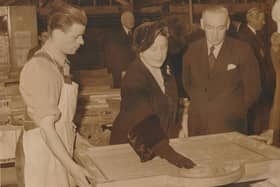 ​The late Queen Mother inspected a War Memorial for Fort William when she paid her annual visit to Lord Roberts Memorial Workshop, Dundee, in October, 1952. On the left was ex-serviceman Jimmy Wallace, and on the right was Robert Wilkie, manager. Alternative caption, Mr Wilkie is saying: "Place your bets, place your bets, no further bets!"
