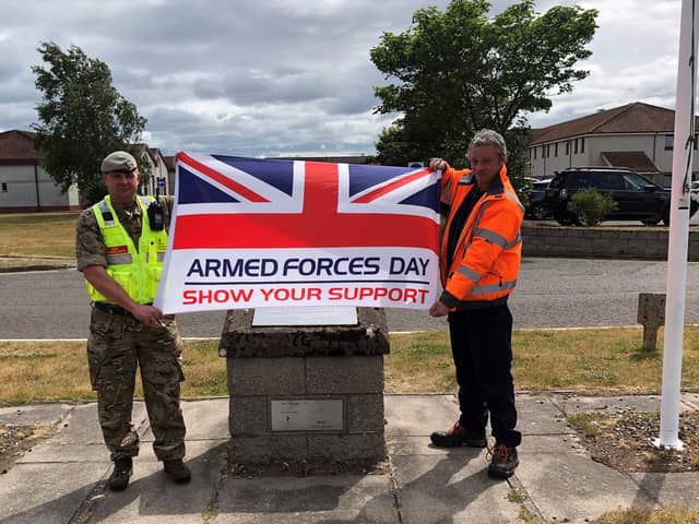 The official Armed Forces Day flag at military training estates across the UK, including local camp, Barry Buddon Training Area.