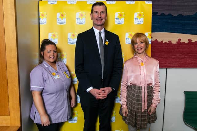 Angus MP Dave Doogan with Marie Curie healthcare assistant Danielle Cobb and Jane Horrocks.