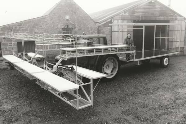 ​Malcolm McDonald, Laverockhill Farm, Carmyllie, pictured in May, 1996, with a vegetable packing machine attached to his John Deere tractor.