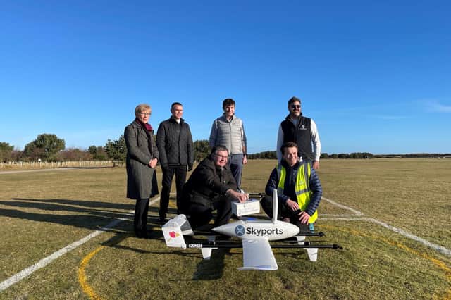 Pictured are council Chief Executive, Margo Williamson, local councillor Mark Salmond, Iain Stewart, DTLX director Richard Stark and partners.Also pictured are Gareth Whatmore, CEO of DronePrep, Alistair Skitmore, Flight Operations Manager with Skyports.