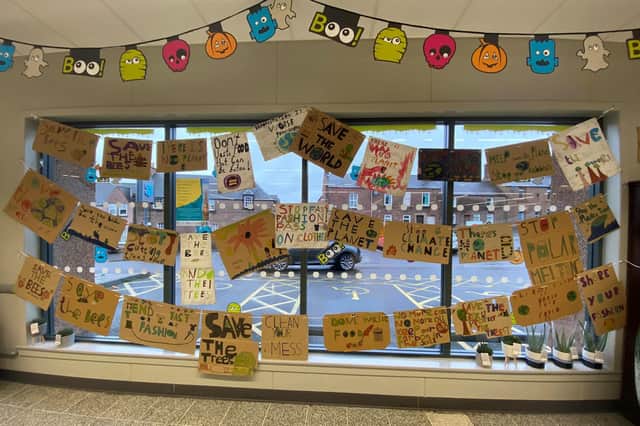 The pupils’ placards have been on display in the Co-op for the last two weeks.