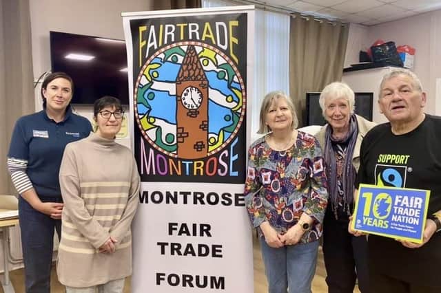 Pictured (l-r) Lynne Ogg (Scotmid), Jacqueline Mitchell (Artesan Crafts), Edith Fraser, Pam Robinson,  (Montrose Churches’ representative), Pam Robinson (MFF chairperson) and Charles Sim.