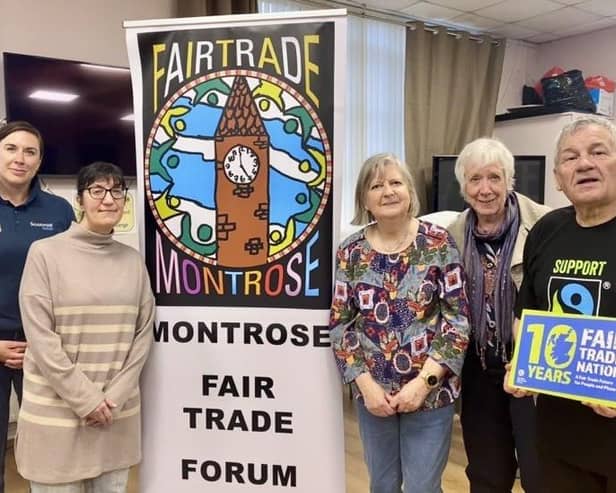 Pictured (l-r) Lynne Ogg (Scotmid), Jacqueline Mitchell (Artesan Crafts), Edith Fraser, Pam Robinson,  (Montrose Churches’ representative), Pam Robinson (MFF chairperson) and Charles Sim.