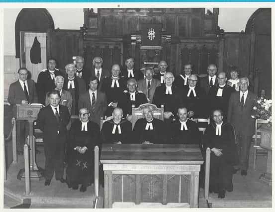 This photograph was taken in June, 1982, and is described as "Knox's Linkers", presumably Knox's Church in Arbroath. It begs the question, what is the collective noun for such an ensemble? A Vestry of Vicars?