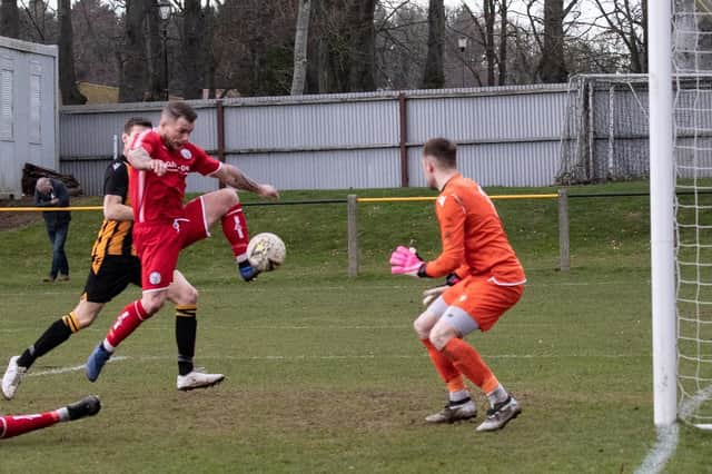 David Cox netted twice as Brechin eased to the win in Huntly. Pic by Graeme Youngson