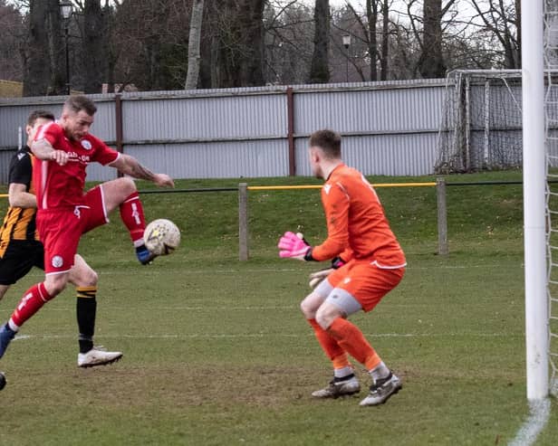 David Cox netted twice as Brechin eased to the win in Huntly. Pic by Graeme Youngson
