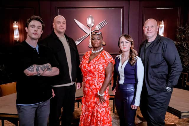 Great British Menu judges, from left, Ed Gamble, Ben Thomson, Andi Oliver, Lorna McNee and Tom Kerridge. (Pic: Optomen Television Ltd)