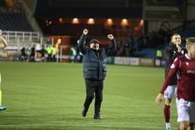 Dick Campbell celebrates Arbroath's 1-0 win at Kilmarnock on November 20 (Pic by Graham Black)